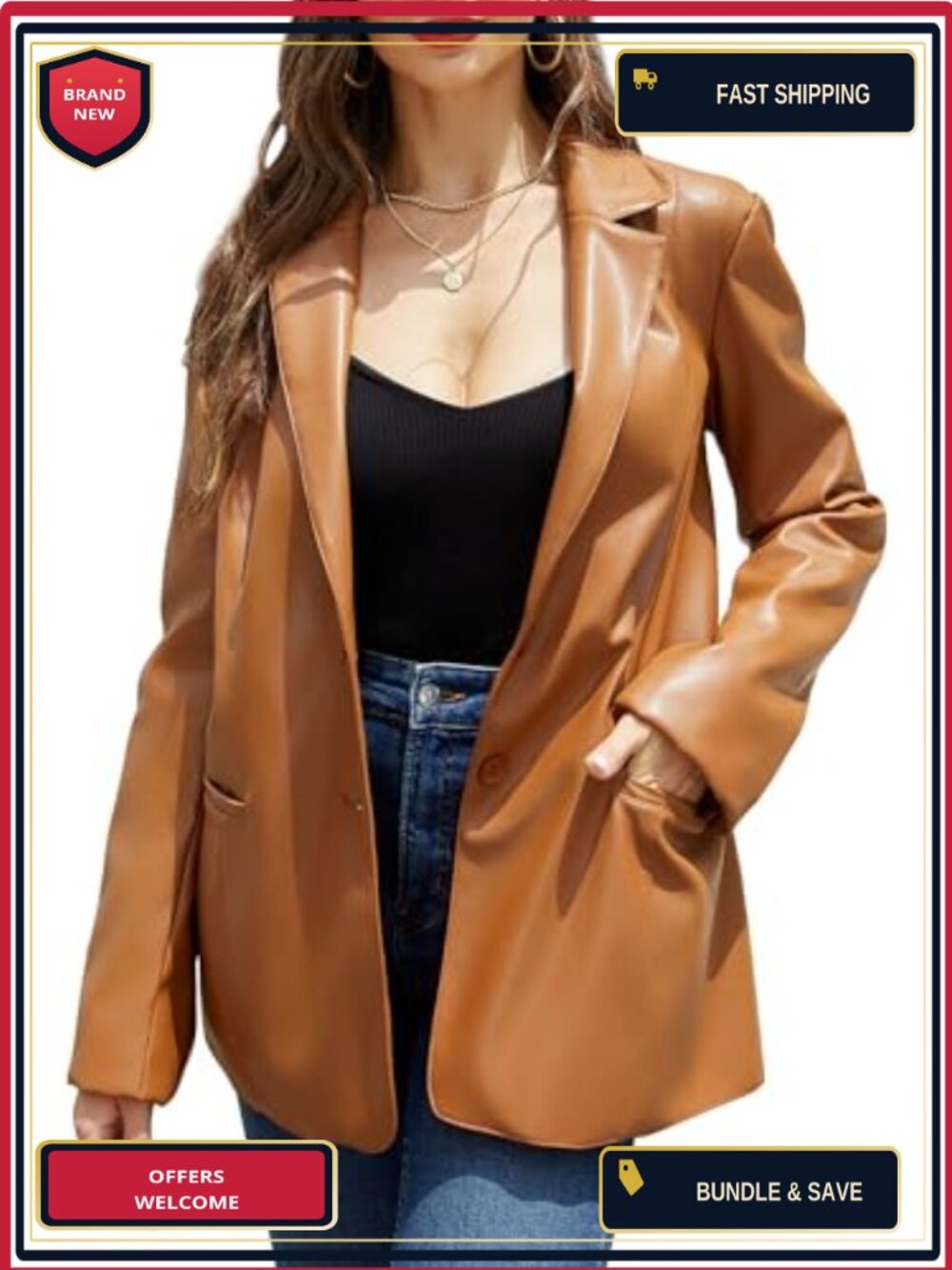 Women Faux Leather Blazer Jacket Single Breasted Notched Lapel Long Sleeve